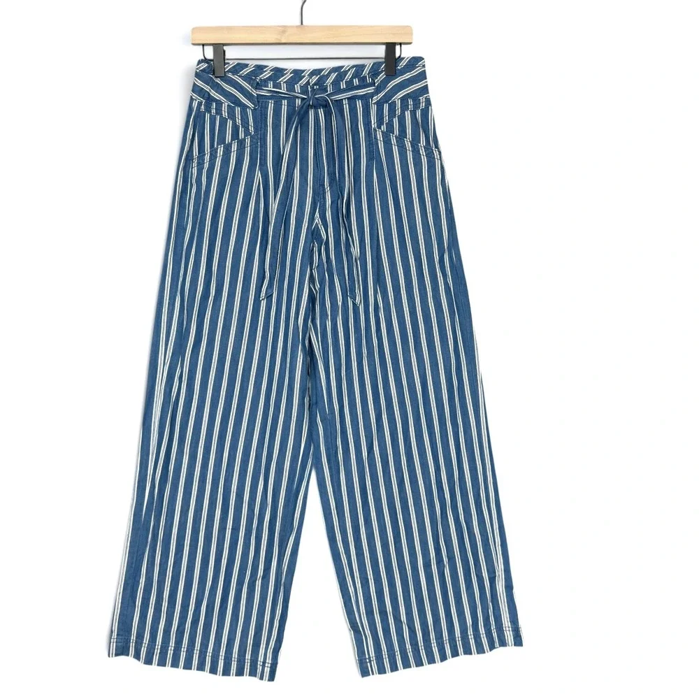 American Eagle Wide Leg Pants 6 Blue White Striped Cotton Tie Waist High Rise - Picture 1 of 10